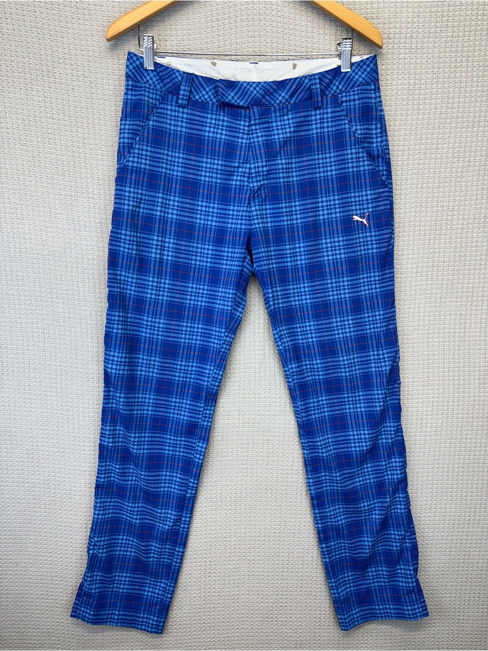 Puma Golf Pants Mens 32x29 Bright Blue Plaid Flat Front Cotton Logo Casual Fun